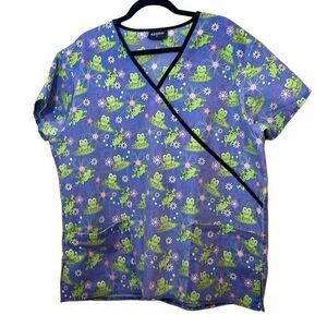 Absolute fun frog print V-neck scrubs two pockets poly cotton 1X